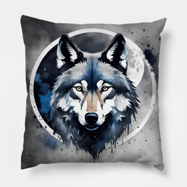 Timber Wolf in Watercolor and Charcoal Pillow by BirdsnStuff