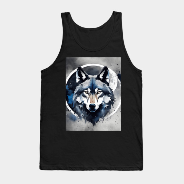 Timber Wolf in Watercolor and Charcoal Tank Top by BirdsnStuff