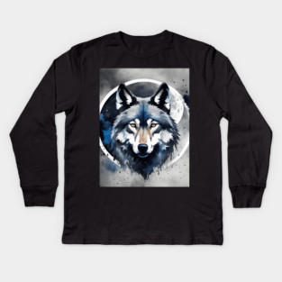 Timber Wolf in Watercolor and Charcoal Kids Long Sleeve T-Shirt