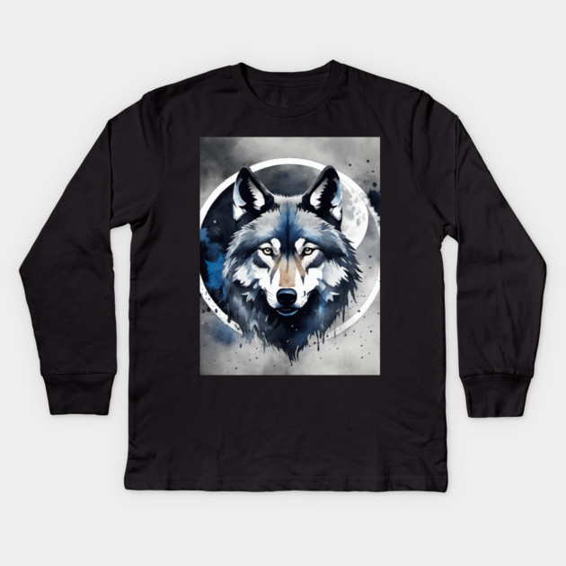 Timber Wolf in Watercolor and Charcoal Kids Long Sleeve T-Shirt by BirdsnStuff