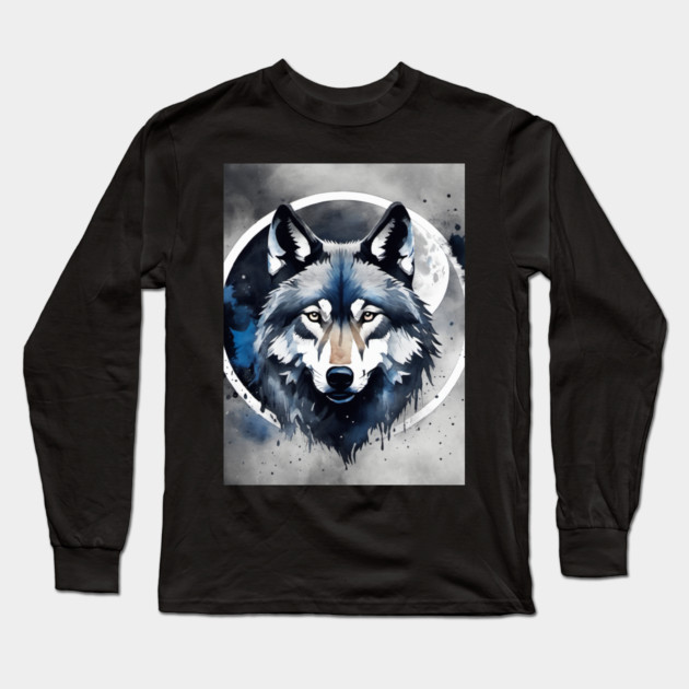 Timber Wolf in Watercolor and Charcoal Long Sleeve T-Shirt by BirdsnStuff