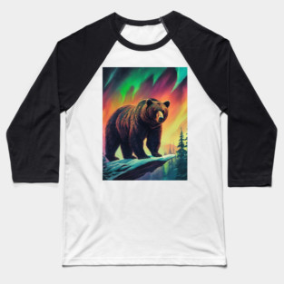 Brown Bear with Forest and Borealis, Colorful, Beautiful Baseball T-Shirt