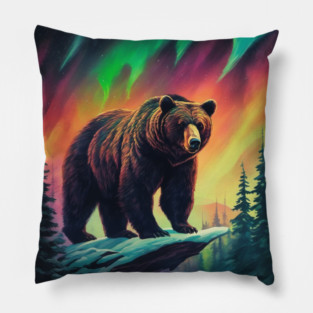 Brown Bear with Forest and Borealis, Colorful, Beautiful Pillow