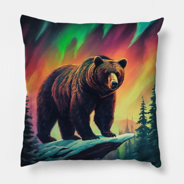 Brown Bear with Forest and Borealis, Colorful, Beautiful Pillow by BirdsnStuff