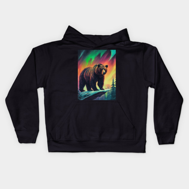 Brown Bear with Forest and Borealis, Colorful, Beautiful Kids Hoodie by BirdsnStuff
