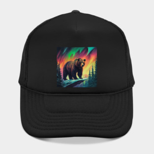 Brown Bear with Forest and Borealis, Colorful, Beautiful Hat