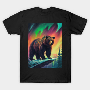 Brown Bear with Forest and Borealis, Colorful, Beautiful T-Shirt