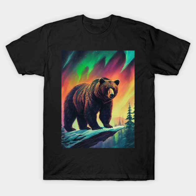 Brown Bear with Forest and Borealis, Colorful, Beautiful T-Shirt by BirdsnStuff