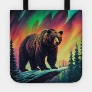 Brown Bear with Forest and Borealis, Colorful, Beautiful Tote
