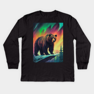 Brown Bear with Forest and Borealis, Colorful, Beautiful Kids Long Sleeve T-Shirt