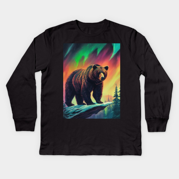 Brown Bear with Forest and Borealis, Colorful, Beautiful Kids Long Sleeve T-Shirt by BirdsnStuff