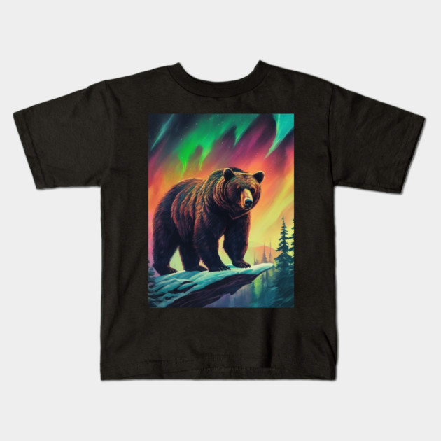 Brown Bear with Forest and Borealis, Colorful, Beautiful Kids T-Shirt by BirdsnStuff