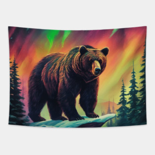 Brown Bear with Forest and Borealis, Colorful, Beautiful Tapestry