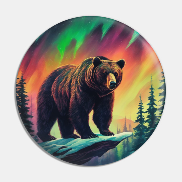 Brown Bear with Forest and Borealis, Colorful, Beautiful Pin by BirdsnStuff
