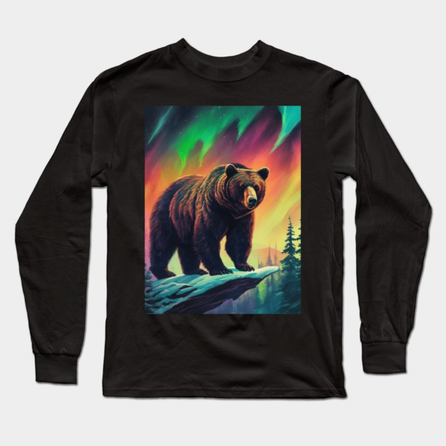 Brown Bear with Forest and Borealis, Colorful, Beautiful Long Sleeve T-Shirt by BirdsnStuff