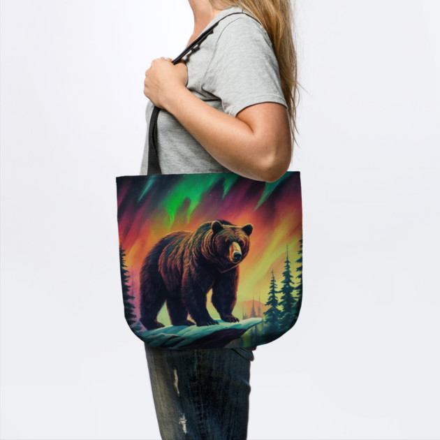 Brown Bear with Forest and Borealis, Colorful, Beautiful by BirdsnStuff