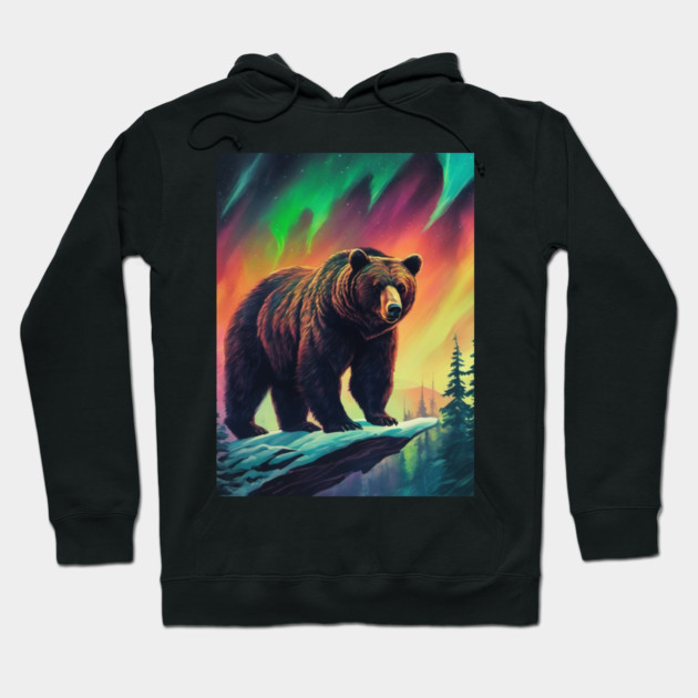 Brown Bear with Forest and Borealis, Colorful, Beautiful Hoodie by BirdsnStuff