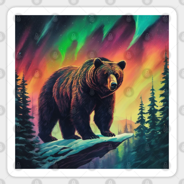 Brown Bear with Forest and Borealis, Colorful, Beautiful Sticker by BirdsnStuff