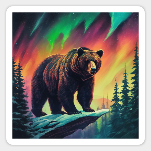Brown Bear with Forest and Borealis, Colorful, Beautiful Magnet by BirdsnStuff