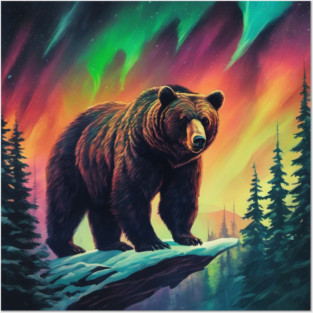 Brown Bear with Forest and Borealis, Colorful, Beautiful Posters and Art