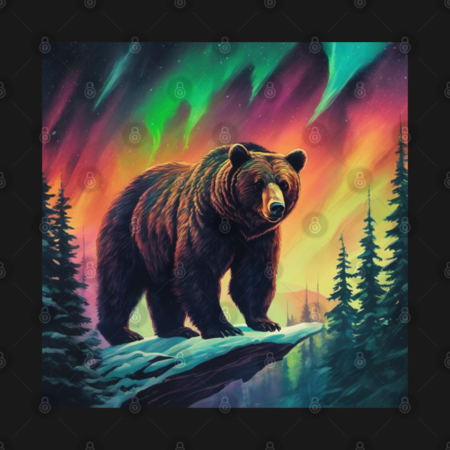 Brown Bear with Forest and Borealis, Colorful, Beautiful by BirdsnStuff