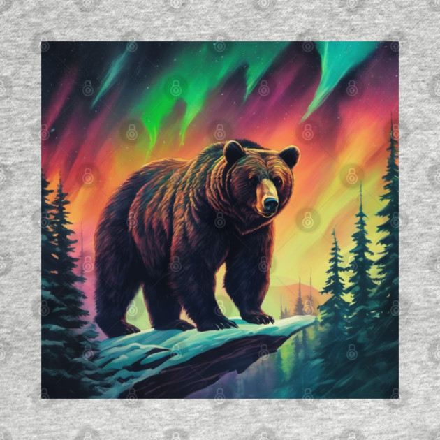 Brown Bear with Forest and Borealis, Colorful, Beautiful by BirdsnStuff