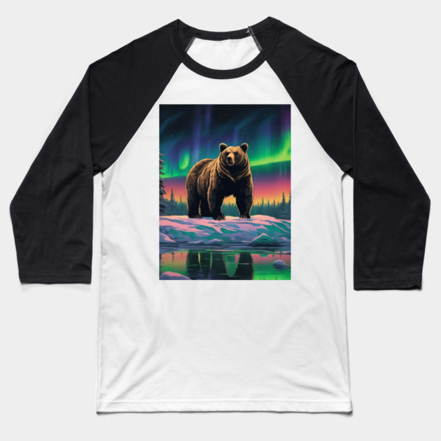 Brown Bear with Forest and Borealis, Colorful, Beautiful Baseball T-Shirt by BirdsnStuff