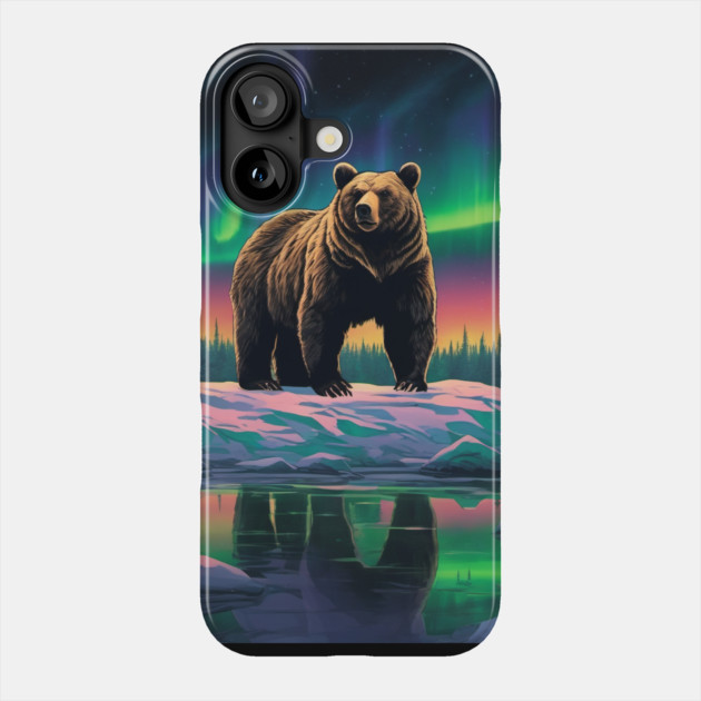 Brown Bear with Forest and Borealis, Colorful, Beautiful Phone Case by BirdsnStuff