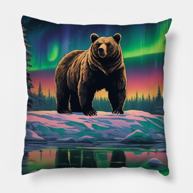 Brown Bear with Forest and Borealis, Colorful, Beautiful Pillow by BirdsnStuff