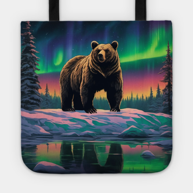 Brown Bear with Forest and Borealis, Colorful, Beautiful Tote by BirdsnStuff