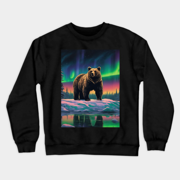 Brown Bear with Forest and Borealis, Colorful, Beautiful Crewneck Sweatshirt by BirdsnStuff