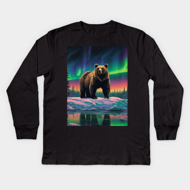 Brown Bear with Forest and Borealis, Colorful, Beautiful Kids Long Sleeve T-Shirt by BirdsnStuff