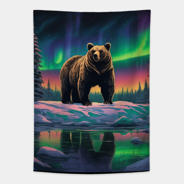 Brown Bear with Forest and Borealis, Colorful, Beautiful Tapestry by BirdsnStuff