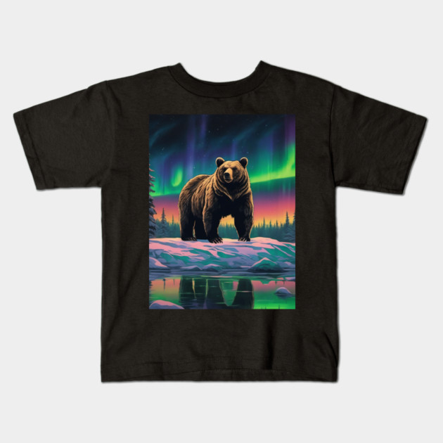 Brown Bear with Forest and Borealis, Colorful, Beautiful Kids T-Shirt by BirdsnStuff