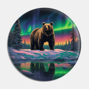 Brown Bear with Forest and Borealis, Colorful, Beautiful Pin