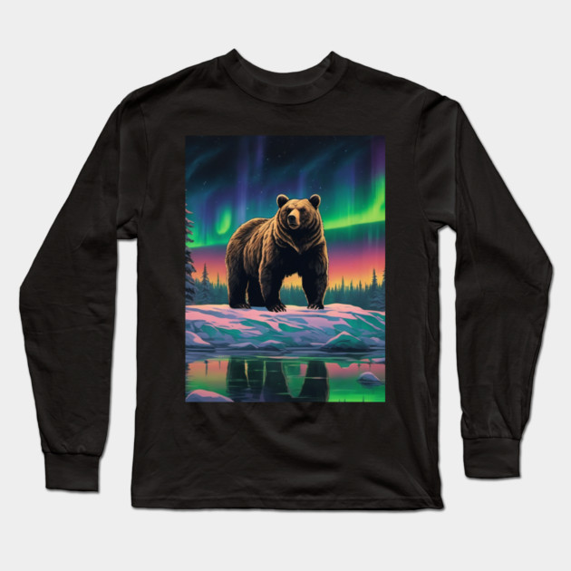 Brown Bear with Forest and Borealis, Colorful, Beautiful Long Sleeve T-Shirt by BirdsnStuff