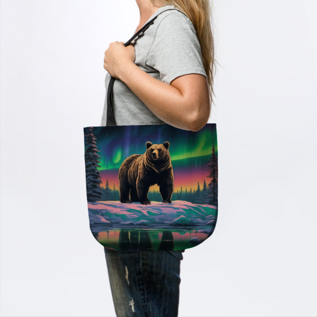 Brown Bear with Forest and Borealis, Colorful, Beautiful by BirdsnStuff