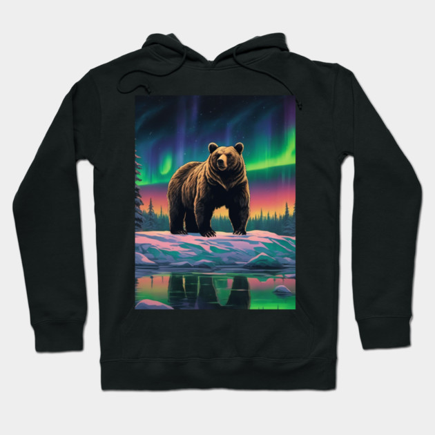 Brown Bear with Forest and Borealis, Colorful, Beautiful Hoodie by BirdsnStuff