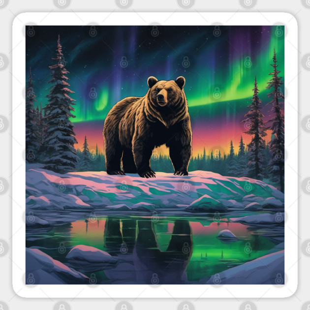 Brown Bear with Forest and Borealis, Colorful, Beautiful Sticker by BirdsnStuff