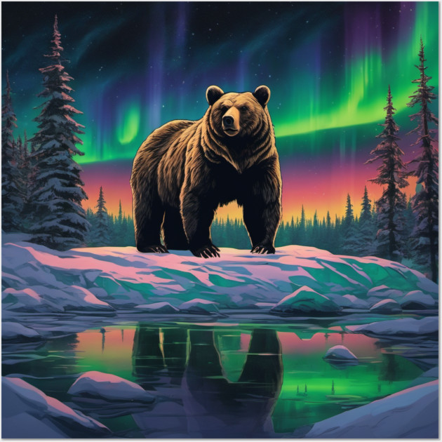 Brown Bear with Forest and Borealis, Colorful, Beautiful Wall Art by BirdsnStuff