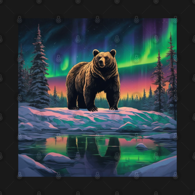 Brown Bear with Forest and Borealis, Colorful, Beautiful by BirdsnStuff