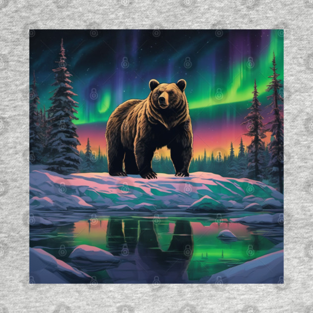 Brown Bear with Forest and Borealis, Colorful, Beautiful by BirdsnStuff