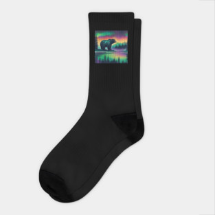 Brown Bear with Forest and Borealis, Colorful, Beautiful Socks