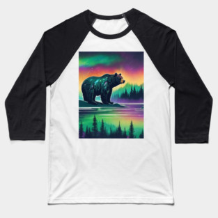 Brown Bear with Forest and Borealis, Colorful, Beautiful Baseball T-Shirt