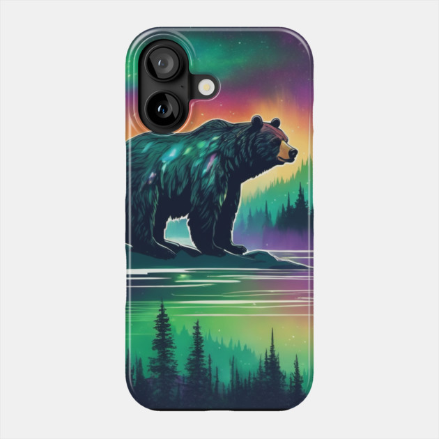 Brown Bear with Forest and Borealis, Colorful, Beautiful Phone Case by BirdsnStuff