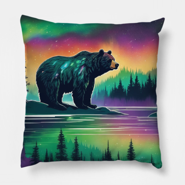 Brown Bear with Forest and Borealis, Colorful, Beautiful Pillow by BirdsnStuff