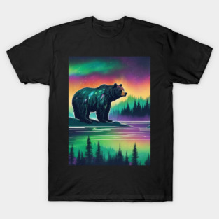 Brown Bear with Forest and Borealis, Colorful, Beautiful T-Shirt