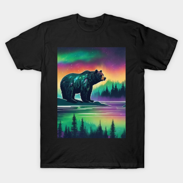 Brown Bear with Forest and Borealis, Colorful, Beautiful T-Shirt by BirdsnStuff