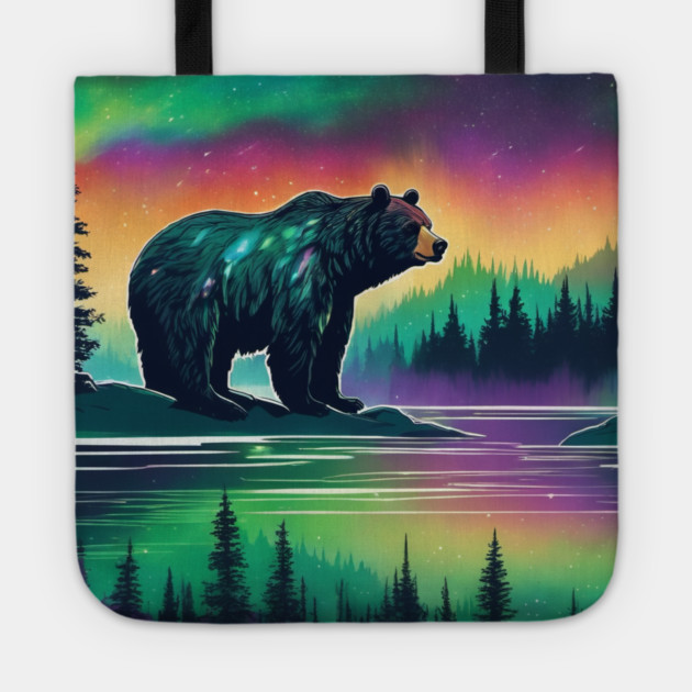 Brown Bear with Forest and Borealis, Colorful, Beautiful Tote by BirdsnStuff