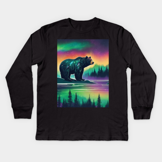 Brown Bear with Forest and Borealis, Colorful, Beautiful Kids Long Sleeve T-Shirt by BirdsnStuff